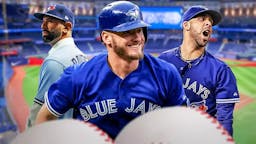 Blue Jays' Josh Donaldson hyped up (2015 version), with Jose Bautista and David Price (in a Blue Jays uni) beside him (2015 version)