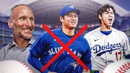 Photo: Mark Shapiro with heart eyes looking at Shohei Ohtani in Blue Jays jersey, have an X through him, then have another pic of Ohtani in Dodgers jersey