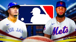 Blue Jays' Genesis Cabrera, Mets' Yohan Ramirez looking serious in front. MLB logo in background.