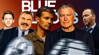 Blue Bloods logo and Tom Selleck, Donnie Wahlberg, Will Estes, Will Hochman, and Treat Williams.