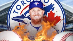 Blue Jays' Justin Turner with flames in front of him