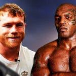 Canelo Alvarez laughing next to Mike Tyson looking mad, a boxing ring behind them
