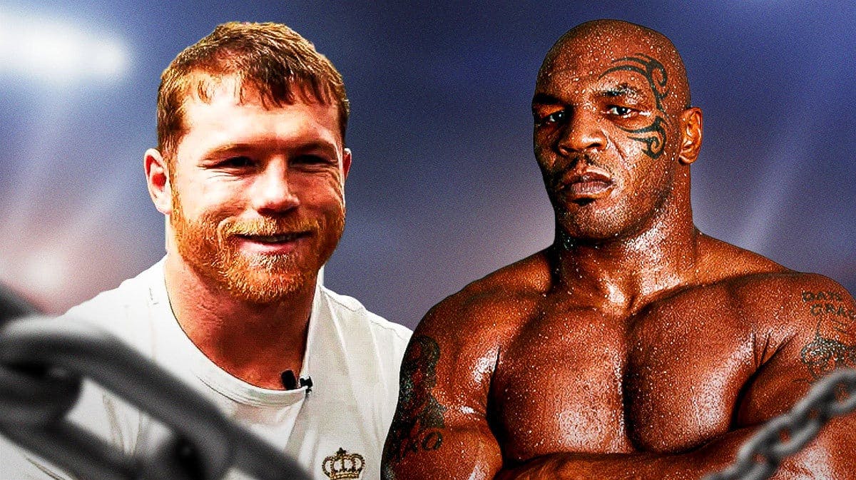Canelo Alvarez laughing next to Mike Tyson looking mad, a boxing ring behind them