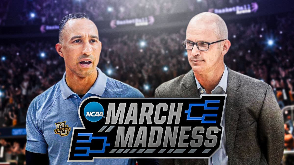 2024 NCAA Tournament Bracketology, featuring Marquette's Shaka Smart and Connecticut's Dan Hurley