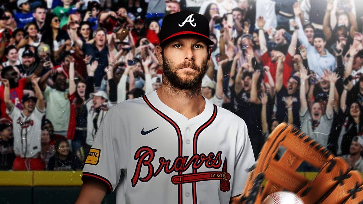 Braves' Chris Sale in front of image looking serious. Place Atlanta Braves fans in background cheering.