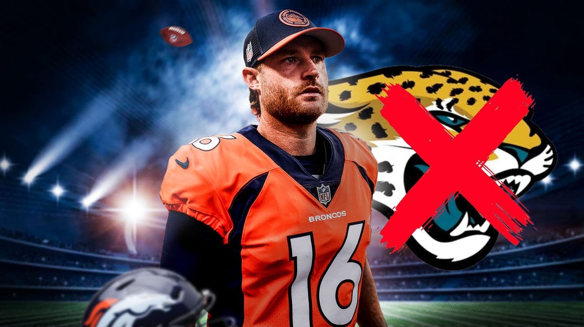 Broncos kicker Wil Lutz, Jaguars logo with red X going through it