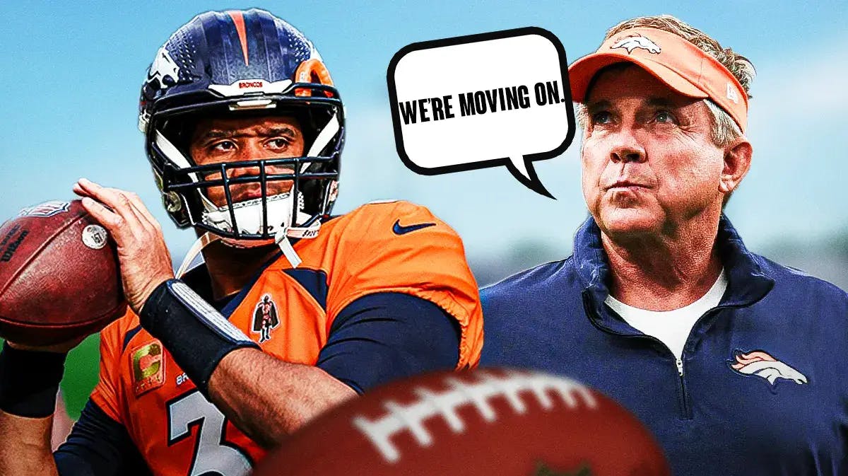 Russell Wilson, Broncos head coach Sean Payton with speech bubble: We're moving on