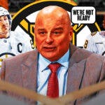 Jim Montgomery in middle of image looking stern with speech bubble: “We’re not ready” , Brad Marchand and David Pastrnak on each side, BOS Bruins logo, hockey rink in background