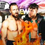 Bryan Danielson with a text bubble reading “Are you the best wrestler in the world?” next to Will Ospreay with with AEW Dynasty logo as the background.