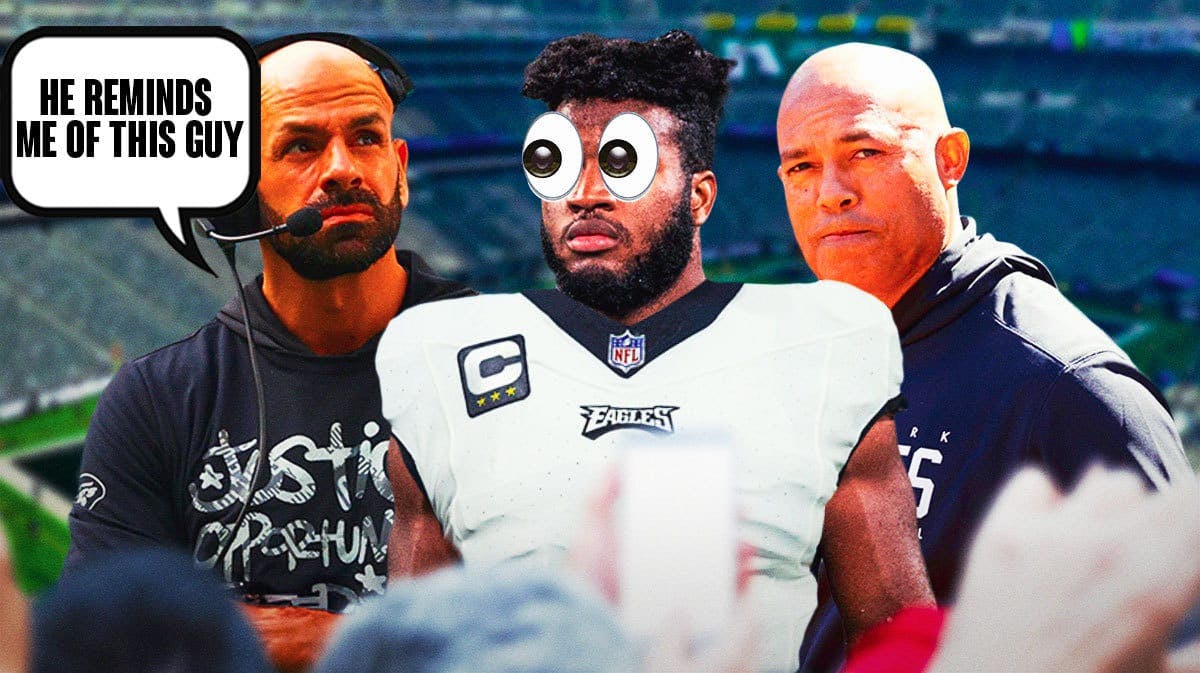 Image thumb: Robert Saleh saying “He reminds me of THIS guy” looking at Bryce Huff in Eagles uniform with eyes bugging out, standing next to former Yankees pitcher Mariano Rivera