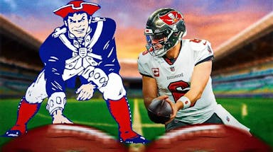 Tampa Bay Buccaneers QB Baker Mayfield and Pat Patriot