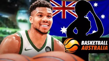 Bucks' Giannis Antetokounmpo smiling at a silhouette of Jaylin Galloway, with the Australia flag and the Australia Basketball League logo beside the silhouette