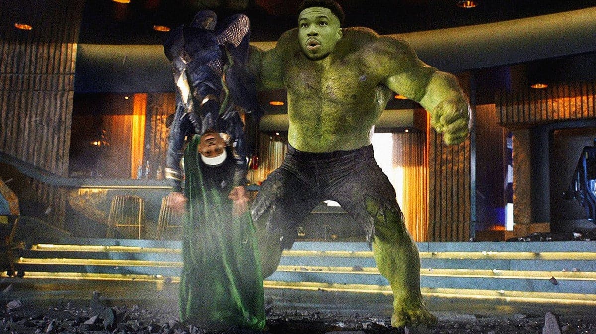 Giannis Antetokounmpo as Hulk and Shai Gilgeous-Alexander as Loki in the Hulk-Loki meme
