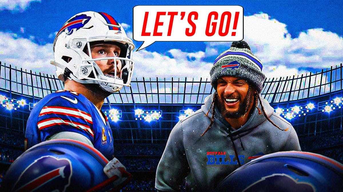 Josh Allen on one side with a speech bubble that says “Let’s go!” Mack Hollins on the other side in a Buffalo Bills uniform