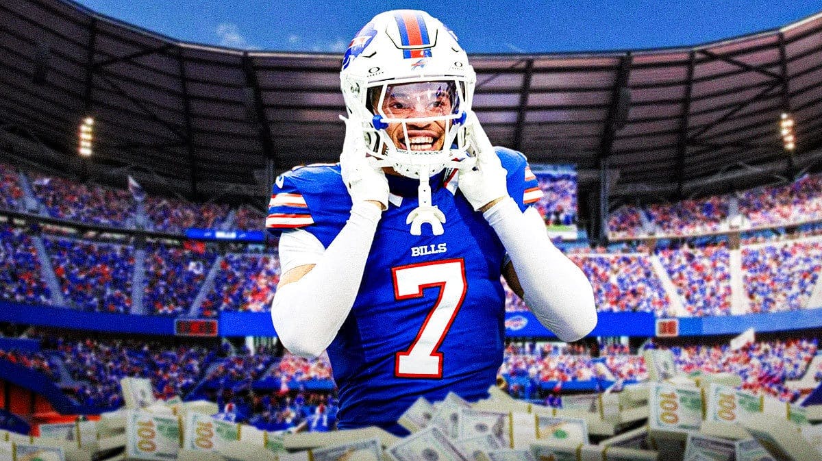 Bills' Taron Johnson looking pumped up with stacks of cash in front of him