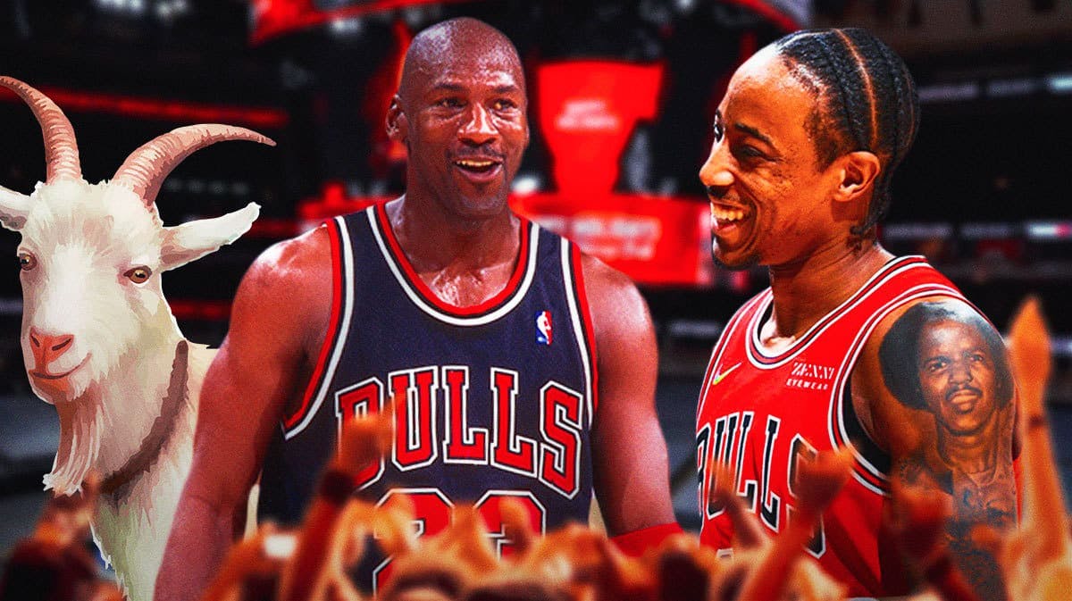 Bulls' Michael Jordan smiling with a goat beside him, while DeMar DeRozan smiles at Jordan