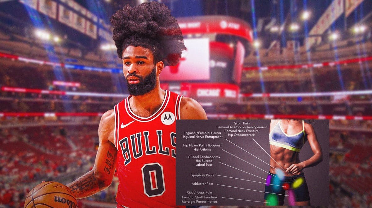 Bulls' Coby White looking serious, with a hip injury diagram beside him