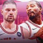 Bulls, Andre Drummond, Nikola Vucevic, Andre Drummond Bulls, Nikola Vucevic Bulls, Andre Drummond and Nikola Vucevic in Bulls unis with Chicago skyline in the background
