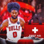 Bulls, Coby White, Coby White injury, Billy Donovan, Trailblazers, Coby White with First Aid injury bag on graphic, Bulls arena in the background