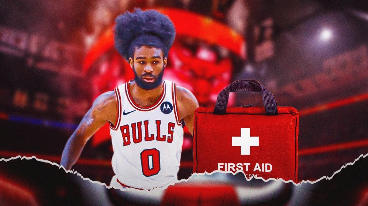 Bulls, Coby White, Coby White injury, Billy Donovan, Trailblazers, Coby White with First Aid injury bag on graphic, Bulls arena in the background