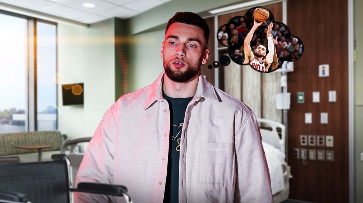 Bulls' Zach LaVine in a hospital room. Give him a thought bubble. In the bubble, place Bulls' Zach LaVine shooting a basketball.