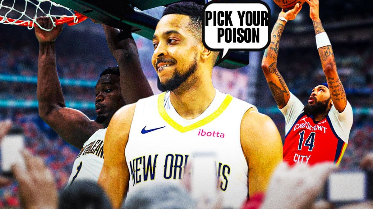 In front, Pelicans' CJ McCollum saying the following: Pick your poison In background, need Pelicans' Brandon Ingram shooting a basketball, Pelicans' Zion Williamson dunking a basketball.