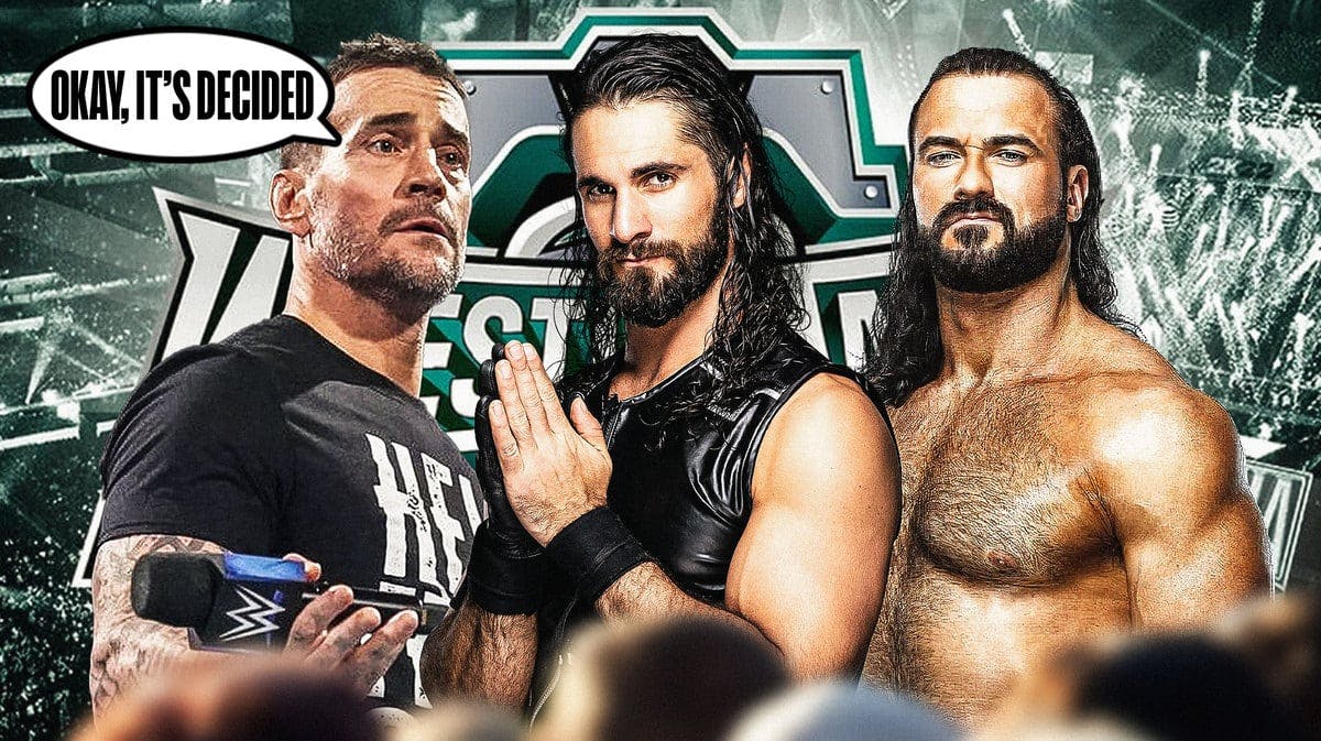 CM Punk with a microphone and a text bubble reading “Okay, it’s decided” next to Seth Rollins and Drew McIntyre with the WrestleMania 40 logo as the background.