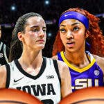Iowa women’s basketball player Caitlin Clark in the center, with South Carolina women’s basketball player Te-Hina Paopao, Texas women’s basketball player Rori Harmon, and LSU women’s basketball player Angel Reese