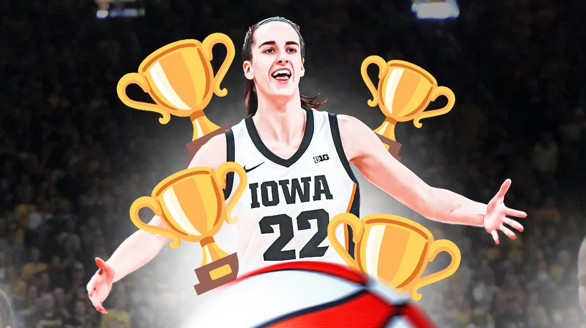 Iowa women’s basketball player Caitlin Clark, looking hyped up/excited, with trophy emojis around her