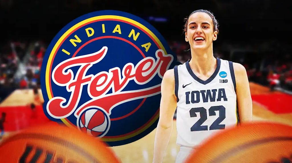 Iowa women’s basketball player Caitlin Clark, and the WNBA Indiana Fever logo