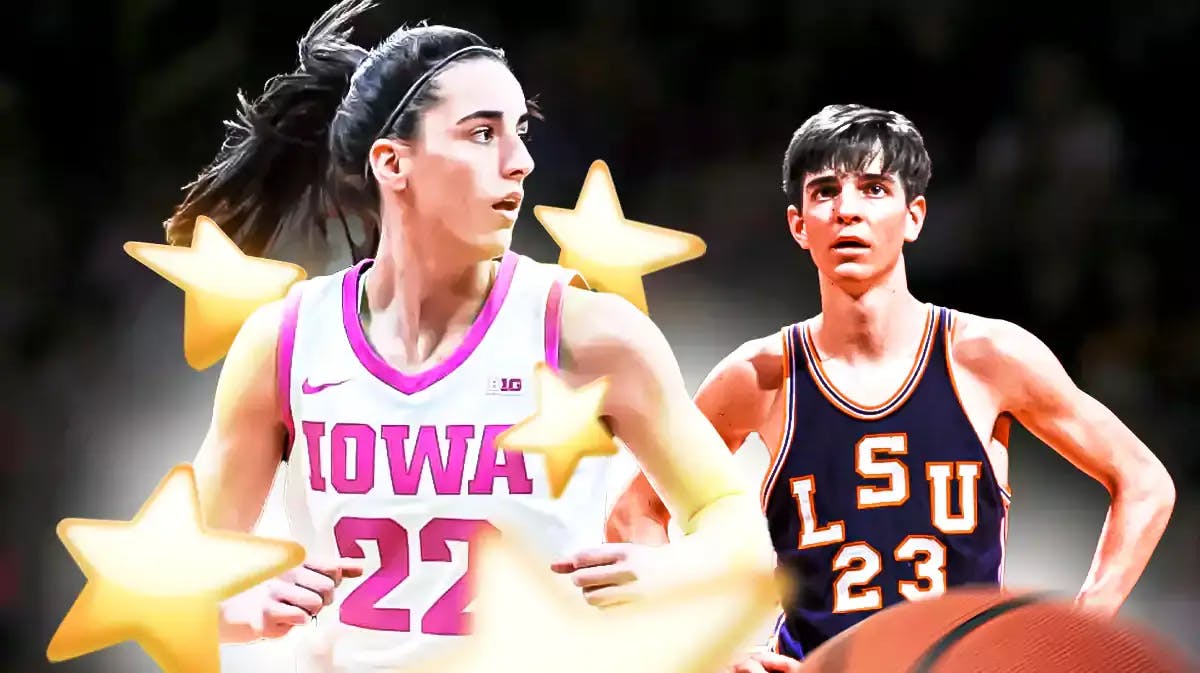 Iowa women’s basketball player Caitlin Clark in the center with stars around her, and former LSU men’s basketball player Pete Maravich in the background