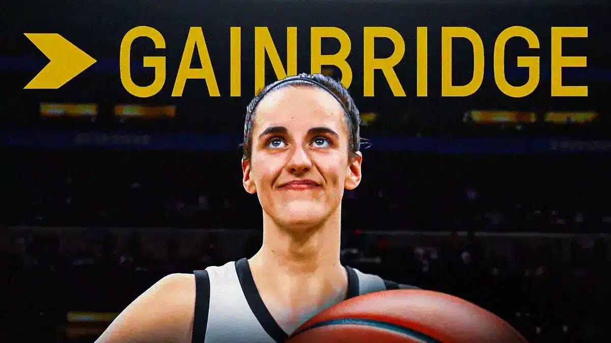 Iowa women's basketball player Caitlin Clark and the Gainbridge logo
