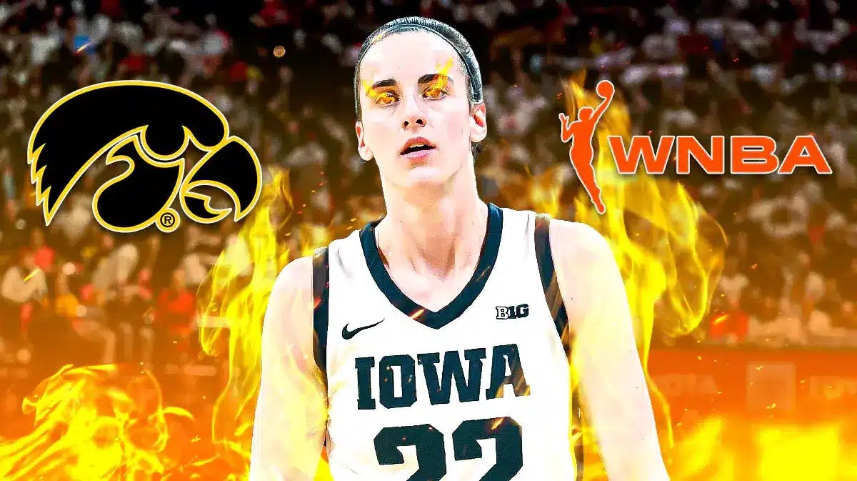 Caitlin Clark with fire in her eyes. WNBA and Iowa Hawkeyes logo in the background