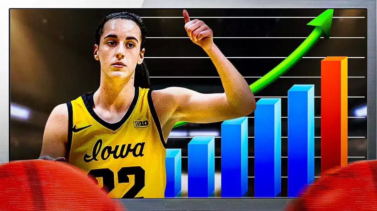 Iowa women’s basketball player Caitlin Clark, as if she is inside a T.V., with an “upwards graph” above the t.v.