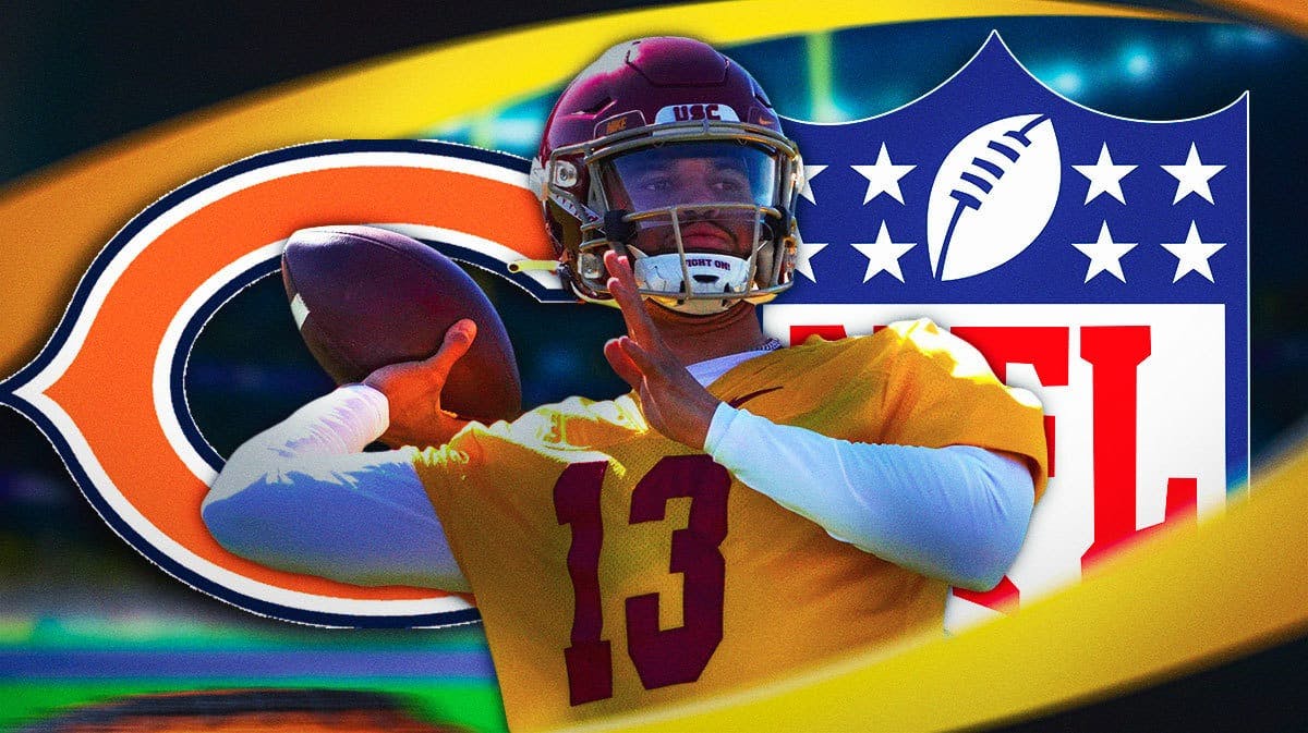 Former USC QB Caleb Williams stands next to Bears and NFL logo during Pro Day