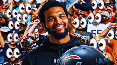 Caleb Williams on one side, a bunch of Chicago Bears fans on the other side with the big eyes emoji over their faces