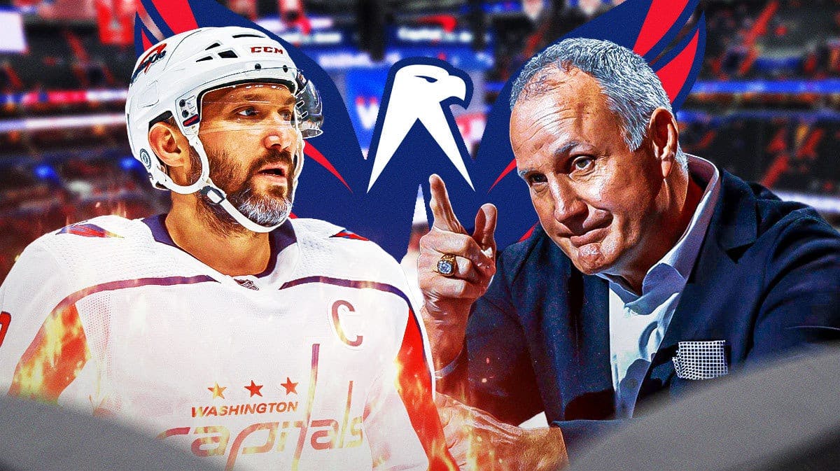 Alex Ovechkin in image with fire around him looking happy, Paul Coffey in image looking impressed, WSH Capitals logo, hockey rink in background