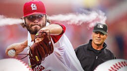 Cardinals' Lance Lynn with smoke coming out of his ears on left. MLB umpire Angel Hernandez on right.