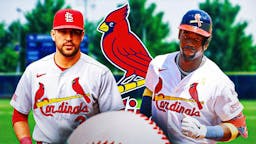 Cardinals' Jordan Walker, Cardinals' Dylan Carlson both looking serious with the St. Louis Cardinals' logo in background.