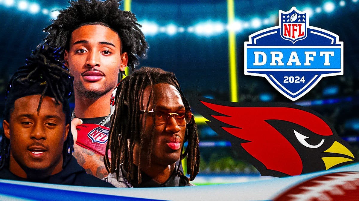 Kool-Aid McKinstry, Marvin Harrison Jr., and Nate Wiggins with a Cardinals logo in front and 2024 NFL Draft logo background.