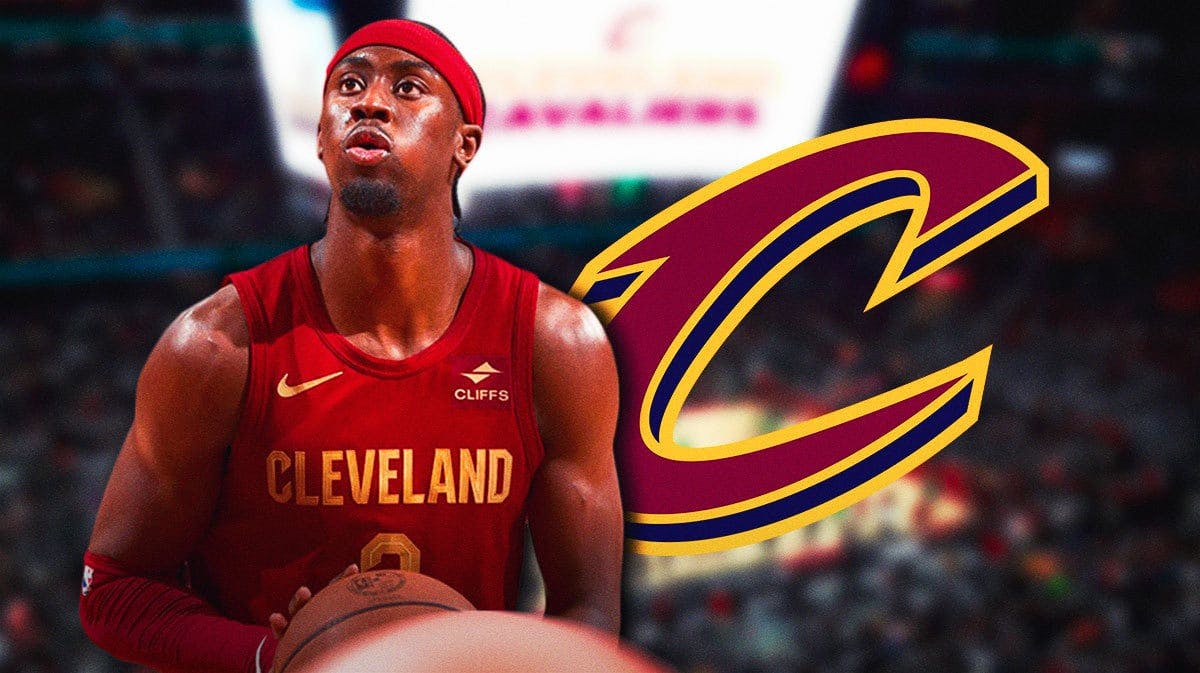 Cavs' Caris LeVert shooting a basketball with the Cavs' logo in background.