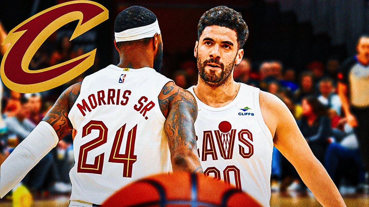 Marcus Morris Sr. and Georges Niang in image, Cavs logo in image, basketball court in background