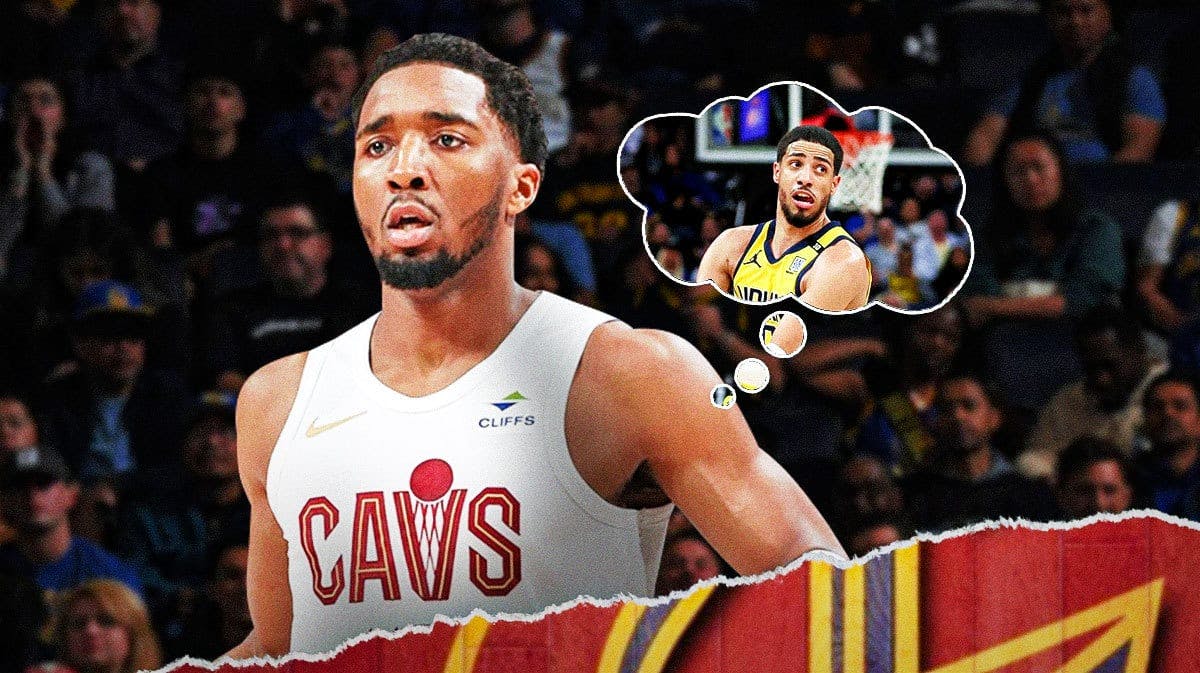 Cavs' Donovan Mitchell smiling with a thought bubble and a picture of the Pacers Tyrese Haliburton in the bubble.