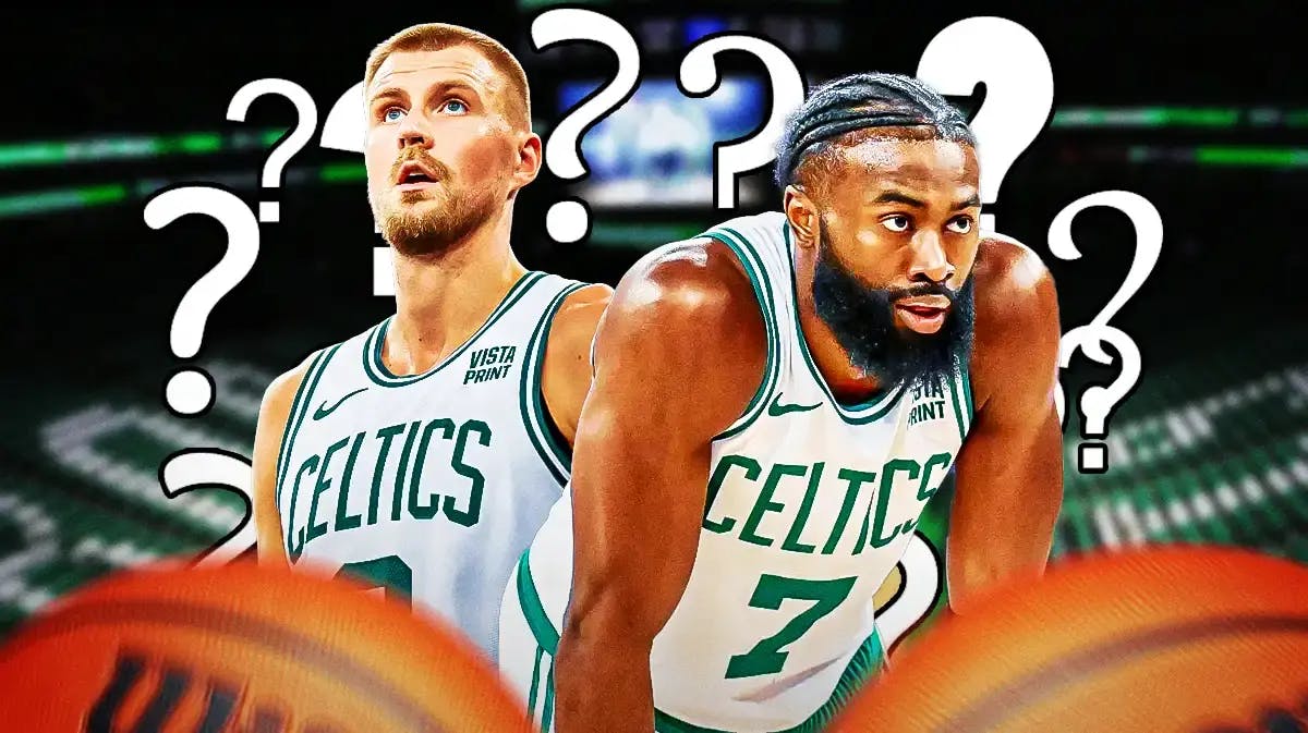 Celtics' Jaylen Brown and Kristaps Porzingis looking worried, question marks around them