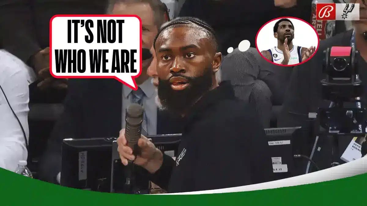Celtics' Jaylen Brown as Gregg Popovich (see image above), “It’s not who we are” speech bubble with a thought bubble containing an image of Mavericks' Kyrie Irving