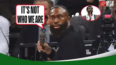 Celtics' Jaylen Brown as Gregg Popovich (see image above), “It’s not who we are” speech bubble with a thought bubble containing an image of Mavericks' Kyrie Irving
