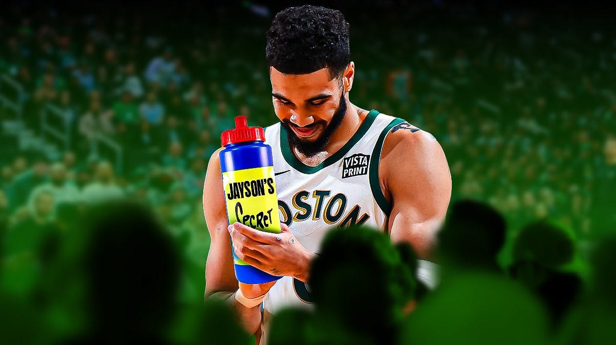 Celtics' Jayson Tatum holding a water bottle: Jayson’s Secret Stuff