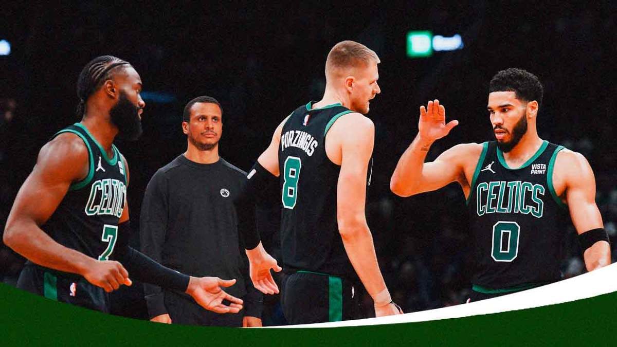 Celtics' Joe Mazzulla looking at Jayson Tatum, Jaylen Brown, and Kristaps Porzingis together