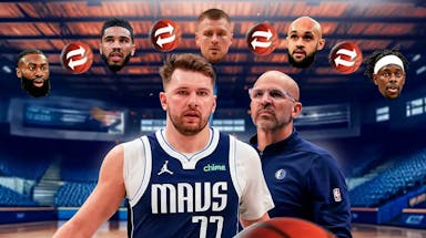 Mavericks' Jason Kidd and Luka Doncic in the middle looking worried, while the heads of Celtics' Jayson Tatum, Jaylen Brown, Kristaps Porzingis, Derrick White, and Jrue Holiday surround Kidd and Doncic. In between the Celtics' players heads, put a basketball with an arrow going back and forth to each head (to show ball movement)