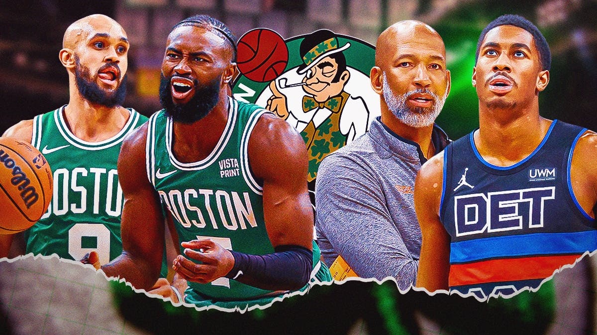 Celtics Jaylen Brown and Derrick White next to a Celtics logo and Pistons Monty Williams, Jaden Ivey